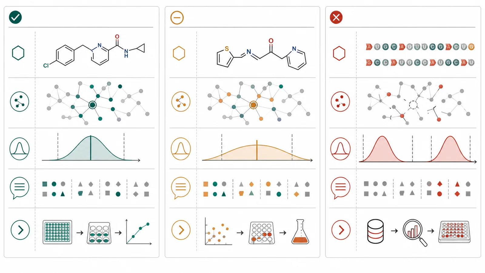 Prototype visual: Three parallel case records showing a supported result, an ambiguous result, and an outside-domain result using the same evidence structure and different follow-up actions.