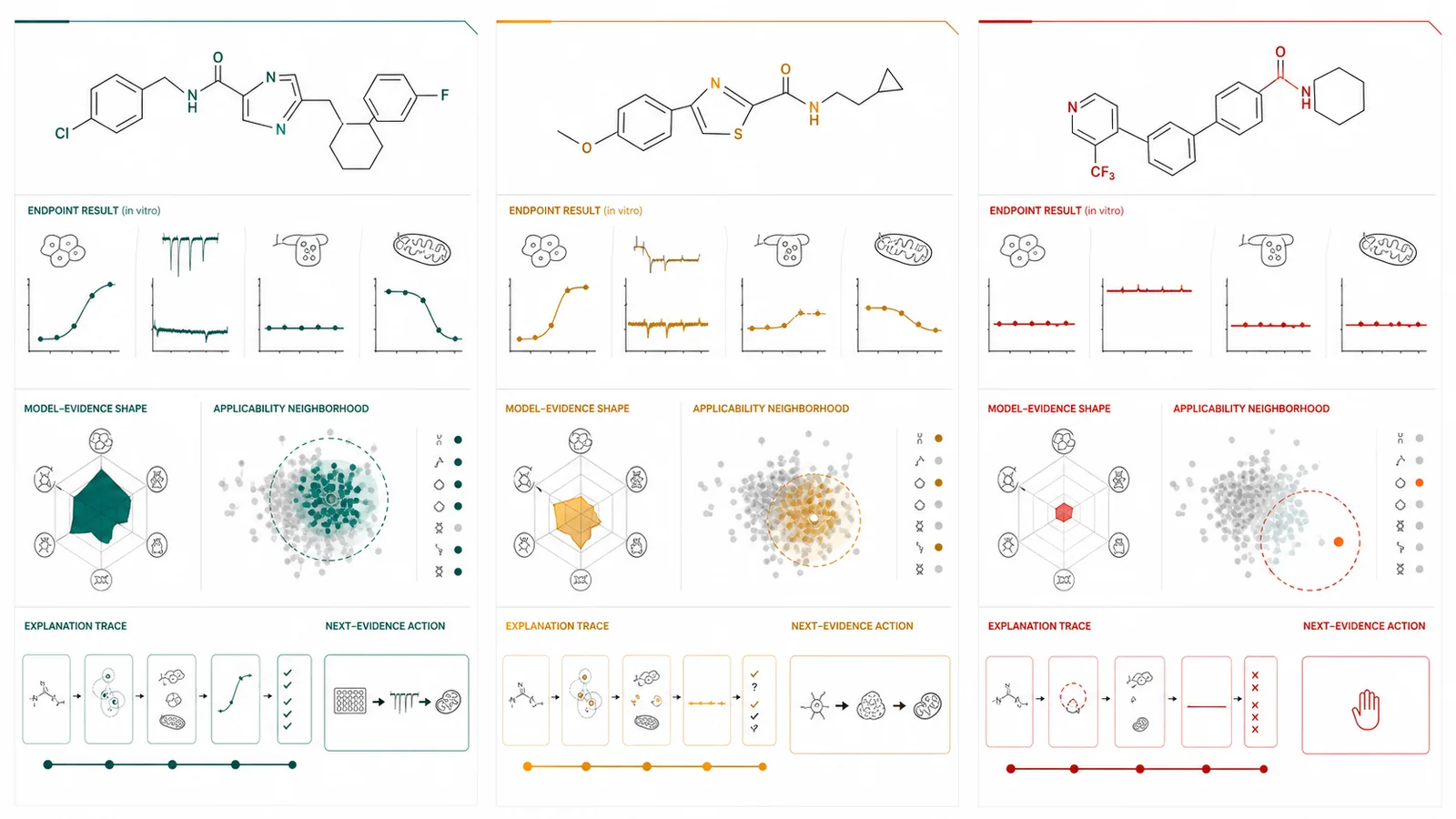 Prototype visual: Three matched endpoint records representing supported, ambiguous, and unsupported predictions, each with local evidence, uncertainty, applicability, and a distinct next step.