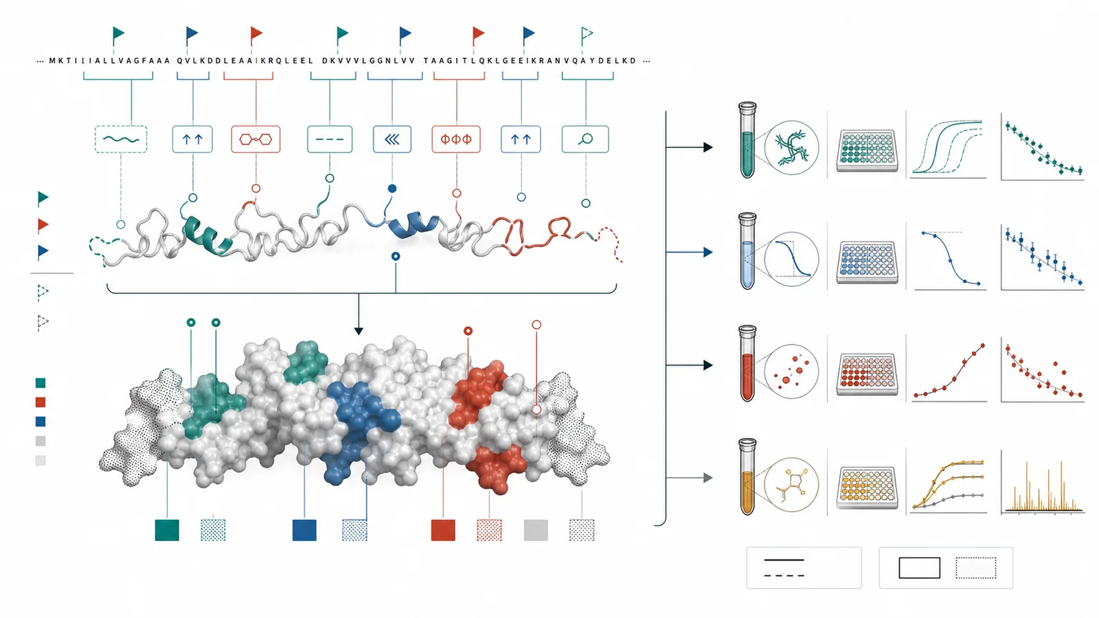 Prototype visual: A linked sequence and structure view where motif flags are qualified by exposure and confidence before routing to different aggregation, stability, solubility, or degradation assays.