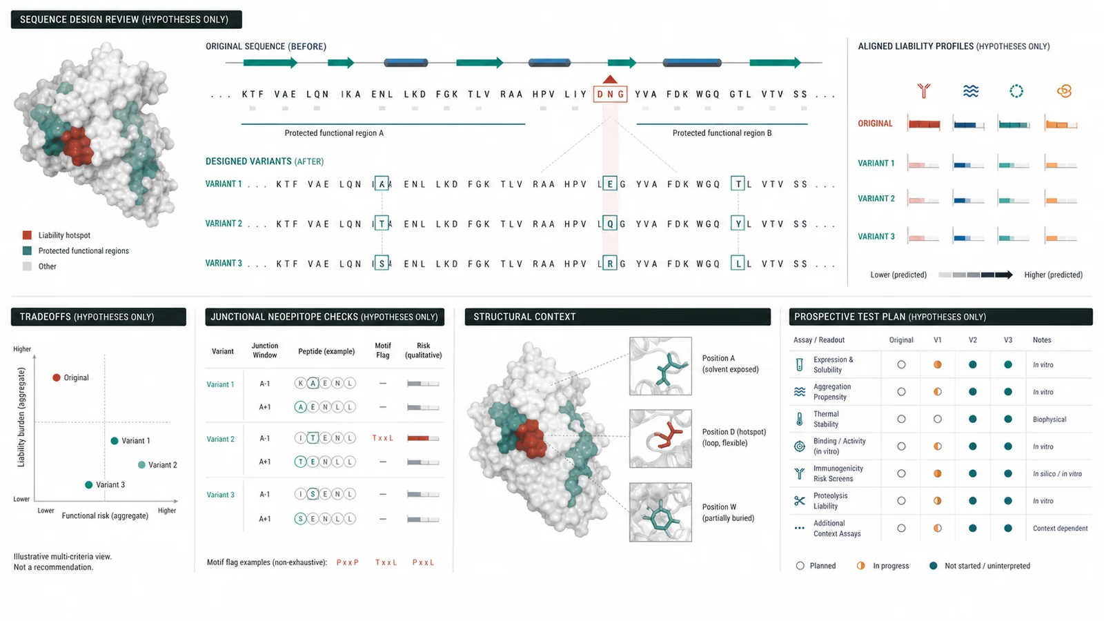 Prototype visual: A before-and-after sequence review showing an original hotspot, protected regions, proposed substitutions, aligned liability changes, tradeoffs, neoepitope checks, and a test plan.
