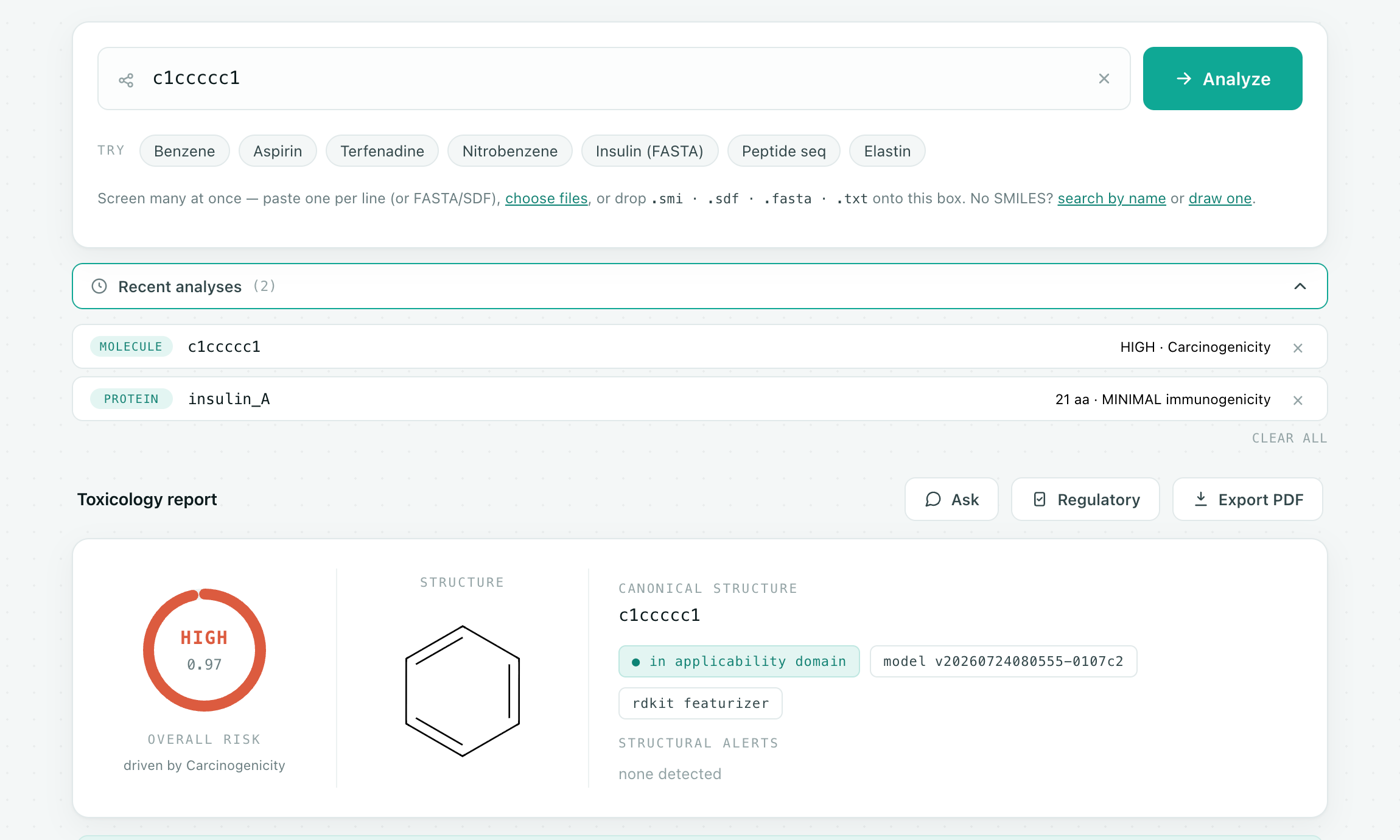 Current MLTox small-molecule portal showing structure input, recent analyses, overall risk, canonical structure, applicability-domain status, and model version