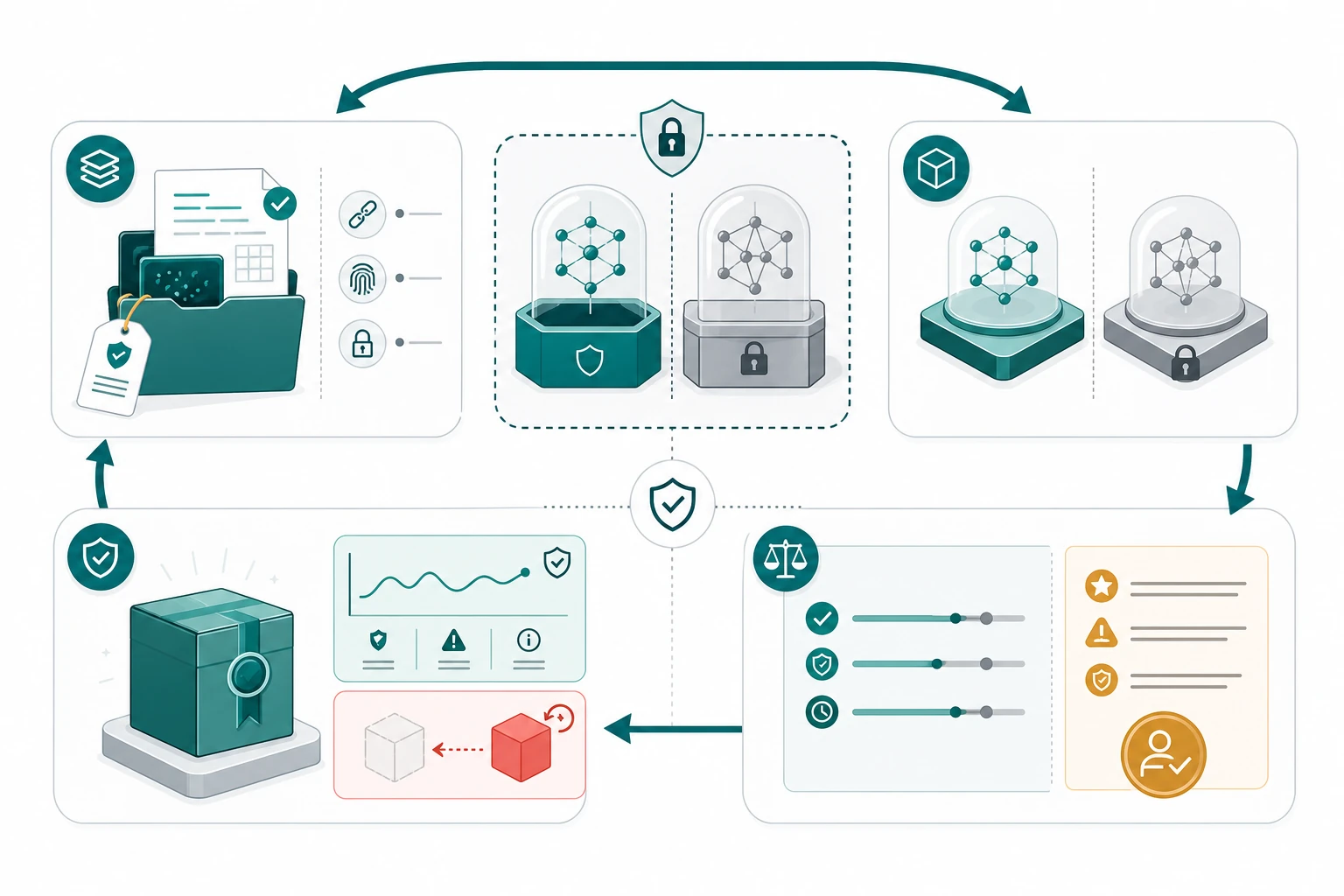 Governed model release loop with evidence qualification, protected production boundary, challenger comparison, approval, monitoring, and rollback