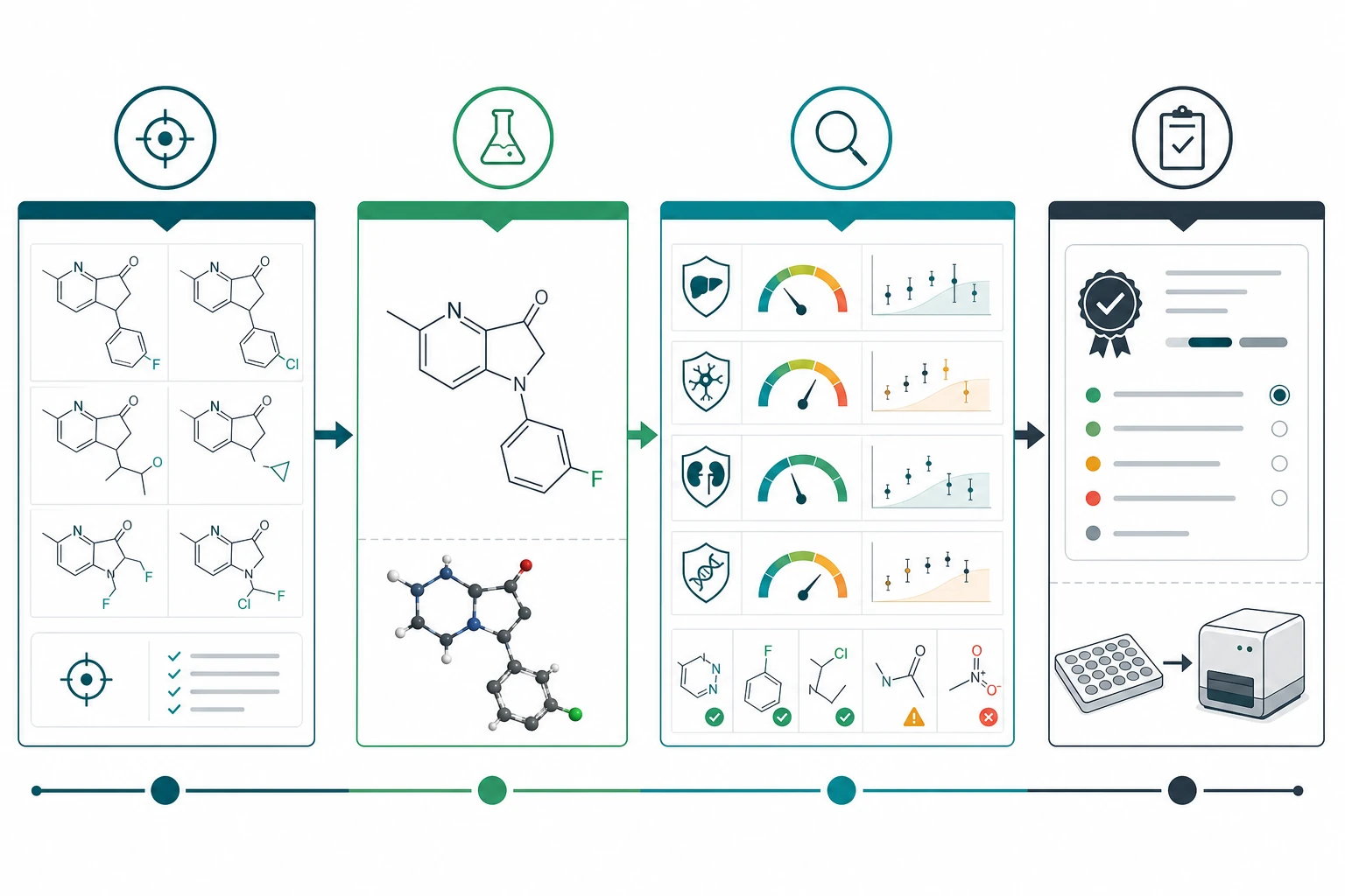 Four review gates covering intended use, controlled molecular identity, endpoint evidence, and an export or experimental handoff